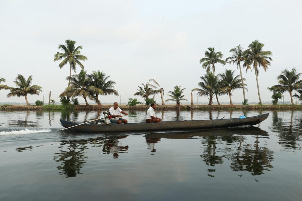 Traditional country boat gliding past coconut palms on the calm Alleppey backwaters